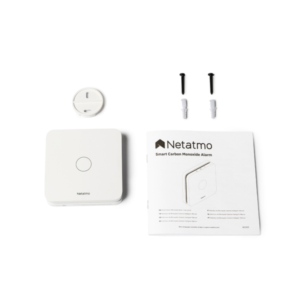 Netatmo slimme CO-melder met meegeleverde bevestigingsmateriaal en handleiding 