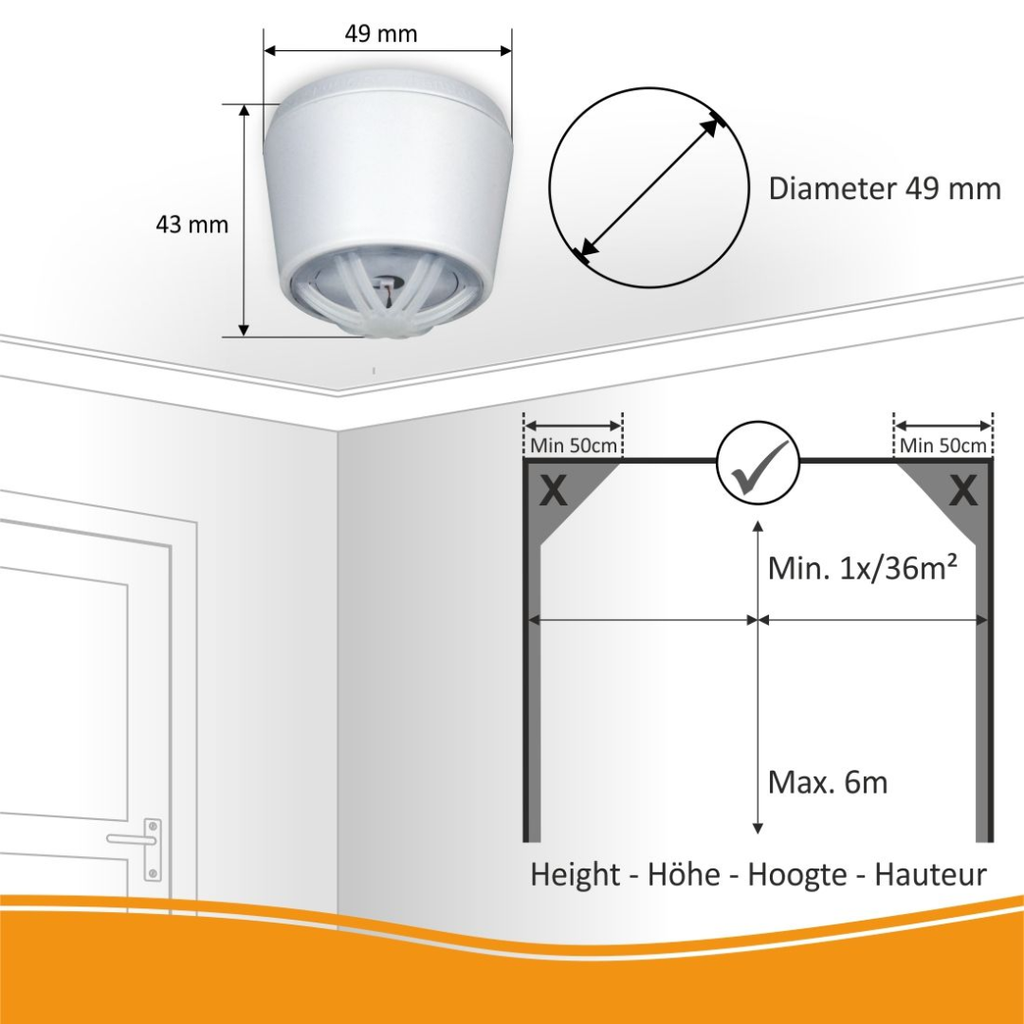 Elro hittemelder compact design installeren aan plafond op een maximum hoogte van 6m