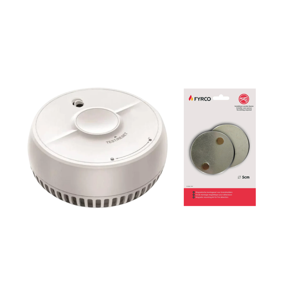 Fire Angel rookmelder met compact design en vervangbare batterij met magnetische montageset