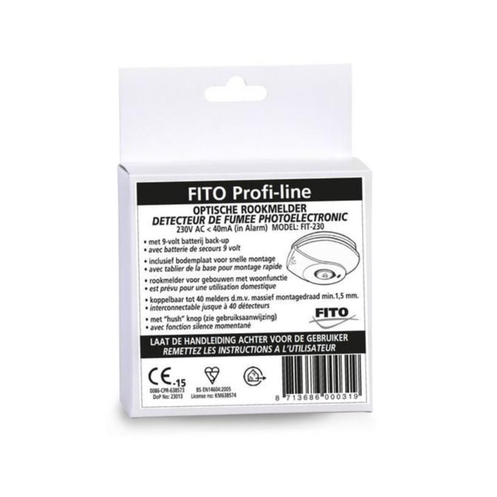 Fito rookmelder 230V op netspanning bedraad koppelbaar met 9V backup batterij verpakking