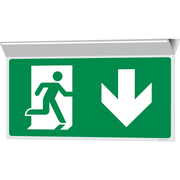 Pictogram nooduitgang beneden groen wit pvc met plafondmontage volgens ISO 7010